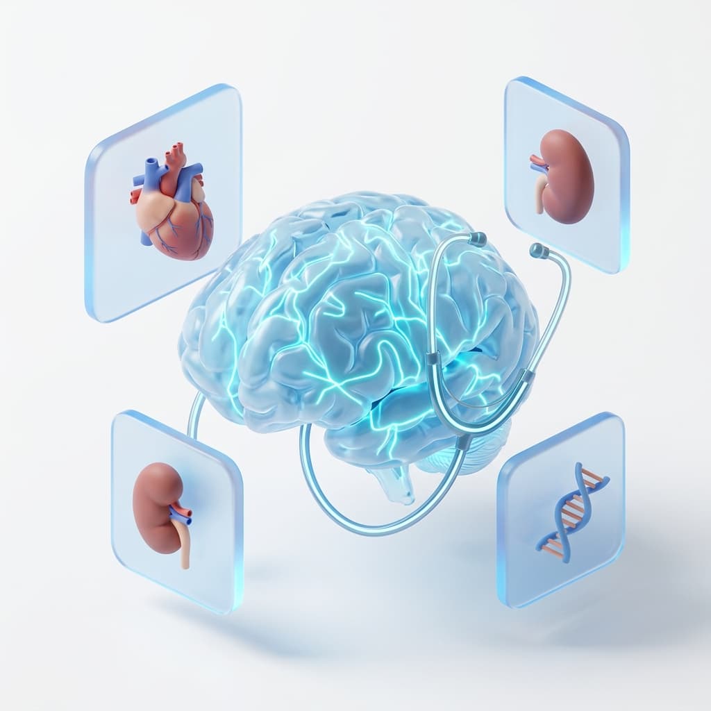 3D render of a stethoscope beside an anatomical brain model